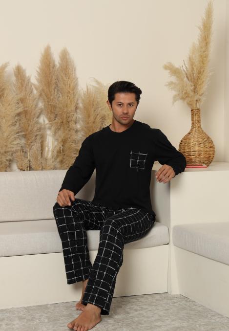 Pijama Barbati ,Maneca si Pantaloni Lungi,Culoare Negru cu Alb,Engros